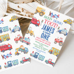 Niños modernos transportan primera invitación de c<br><div class="desc">Invitación de primer cumpleaños para el transporte de niños modernos Cute la invitación de primer cumpleaños temática para el transporte de niños con varios vehículos y texto colorido. La invitación de este niño para el primer cumpleaños podría ser usada para cualquier edad.</div>