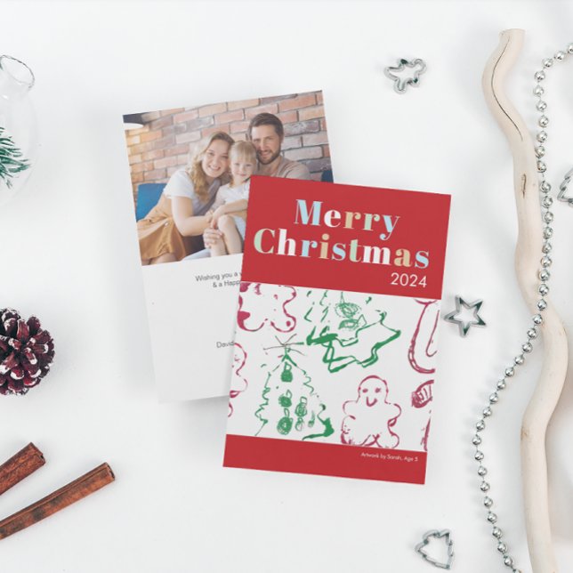 Niños Navidades Art Feliz Personalizado de Navidad (kid's christmas art on family holiday photo card.)
