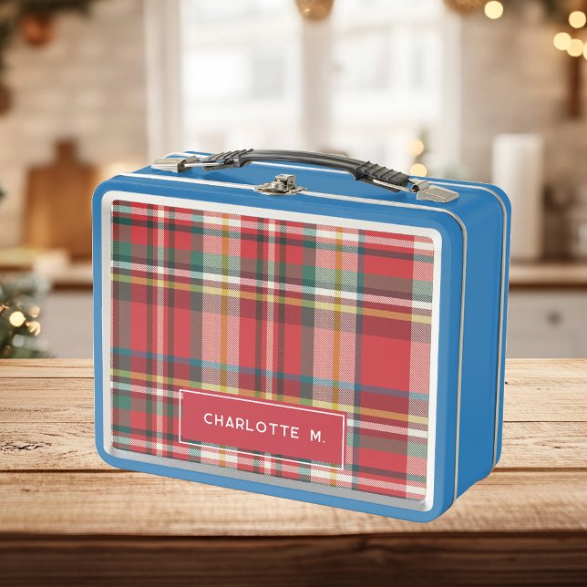 Niños personalizados clásicos de plaid nombran rus (Red Gingham Blue Lunch Box Personalized)