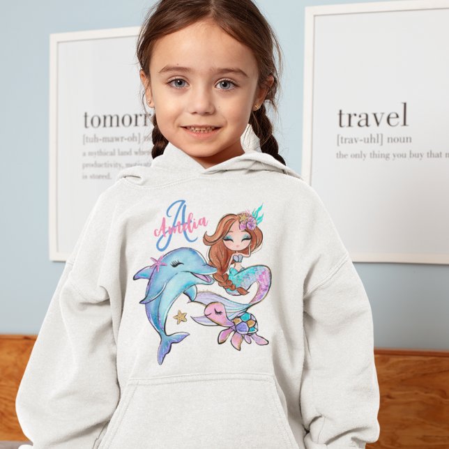 Niños Personalizados de sirena de pelo marrón nomb (Brown Hair Mermaid Custom Kids Name Pink Girl Hoodie
)