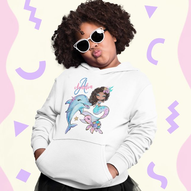 Niños Personalizados de sirena de pelo negro nombr (Black Hair Mermaid Custom Kids Name Pink Girls Hoodie
)