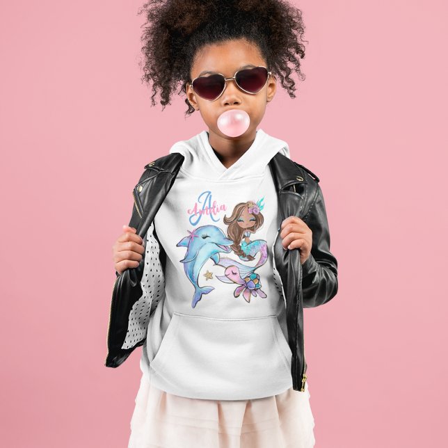 Niños Personalizados de sirena marrones nombran Ch (Brown Mermaid Custom Kids Name Pink Girls Hoodie
)