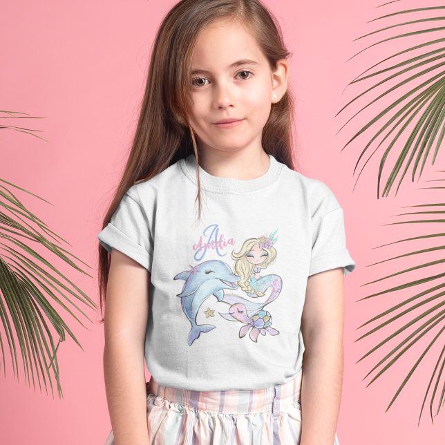 Niños Personalizados de Sirena nombran camiseta Ch (Mermaid Custom Kids Name Pink Girl T-Shirt
)