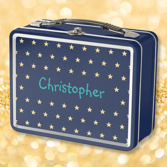 Niños personalizados nombran Escuela Azul de los N (Personalized Kids Name Gold Stars Boys Blue School Metal Lunch Box)