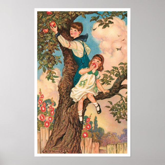 Niños Picando manzanas Poster de impresión de arte (Frente)
