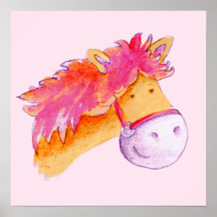 Niños pony arte naranja rosado poster cuadrado