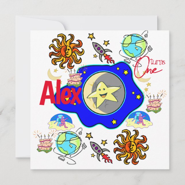 niños primer cumpleaños invitación Spaceship (Anverso)