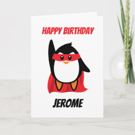 Niños superhéroes pingüinos tarjetas de cumpleaños
