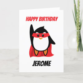 Niños superhéroes pingüinos tarjetas de cumpleaños