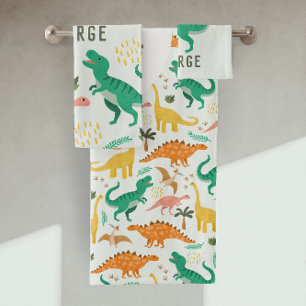 Niños Toalla Monograma Dinosaurio T-Rex Selva Azul