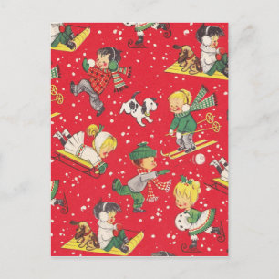 Niños Vintage De Navidad Jugando En La Nieve