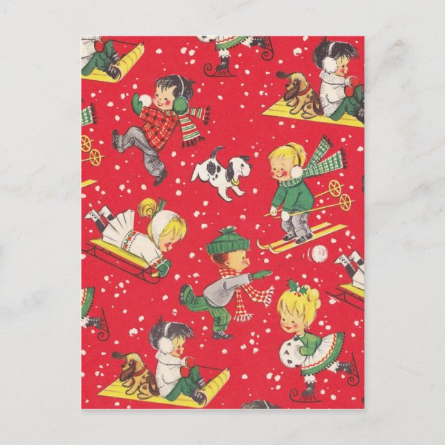 Niños Vintage De Navidad Jugando En La Nieve (Anverso)