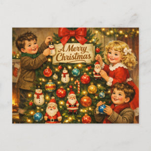 Niños vintage decorando árbol de Navidad
