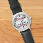 Niños y niñas con un reloj de béisbol personalizad<br><div class="desc">Béisbol o softball en rojo y blanco con letras de estilo negro varsity. Muestra tus habilidades deportivas de chico o niño con este reloj deportivo impresionante,  genial como regalo de equipo o entrenador.</div>