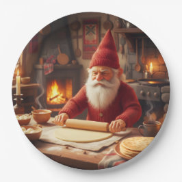Nisse noruego de Navidad haciendo Lefse, platos