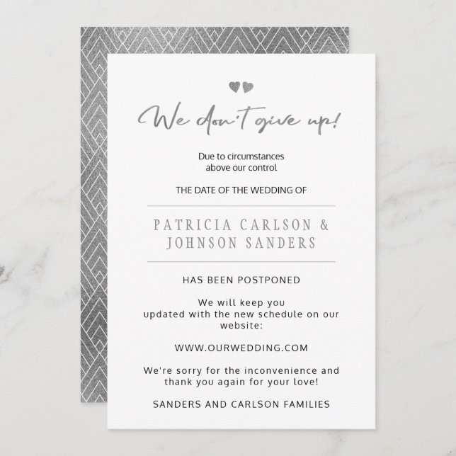 No nos damos por vencidos anuncio de boda pospuest (Anverso / Reverso)