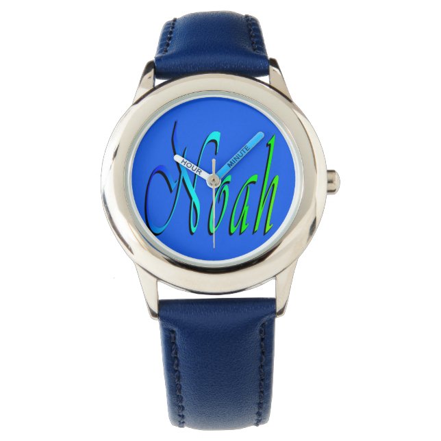 Noah, Nombre, Logo, Reloj de Cuero Azul para Niños (Anverso)