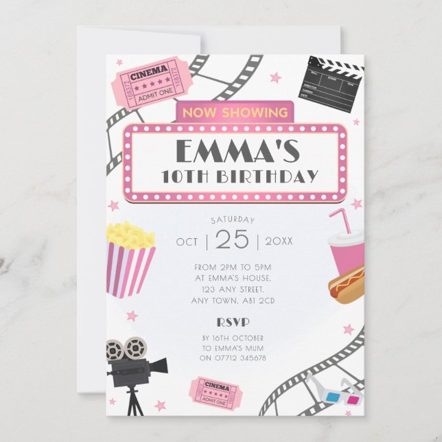 Noche de cine rosa fiesta de cumpleaños invitación (Anverso)