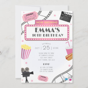 Noche de cine rosa fiesta de cumpleaños invitación