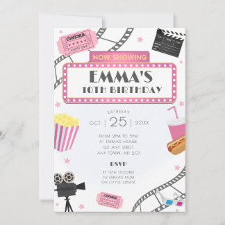 Noche de cine rosa fiesta de cumpleaños invitación