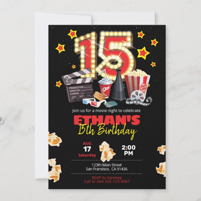 Noche de cine, teatro - 15º cumpleaños invitación (Anverso)