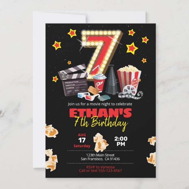 Noche de cine, teatro - 7 cumpleaños invitación (Anverso)
