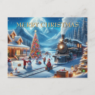 Noche de invierno nevada con tren de Navidad y muñ