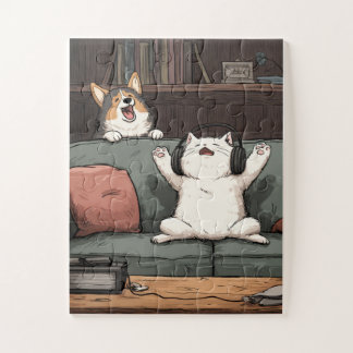 Noche de karaoke - rompecabezas de gato y corgi