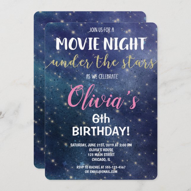 Noche de película bajo invitaciones del cumpleaños (Anverso / Reverso)