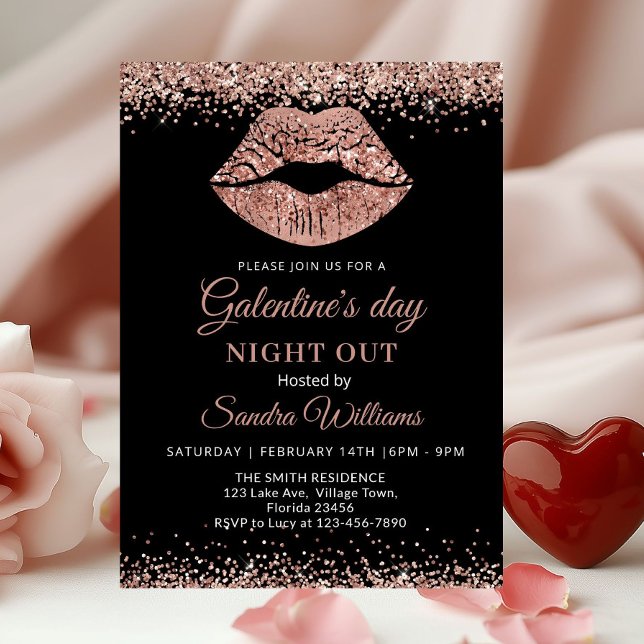 Noche del Día de Galentines Labios con Brillo Dora (Rose gold Lips Galentine's Day Night out invitation)