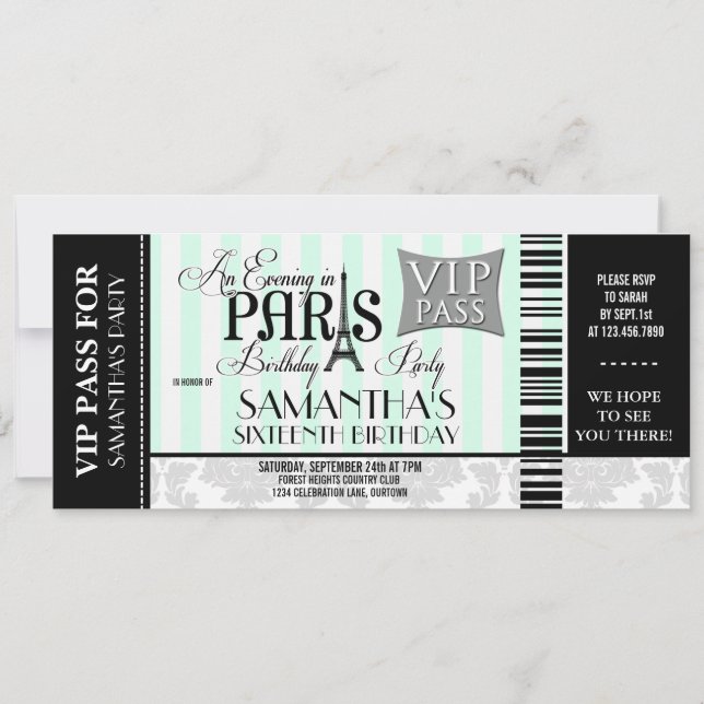 Noche en París Dulces 16 invitaciones de fiesta (Anverso)