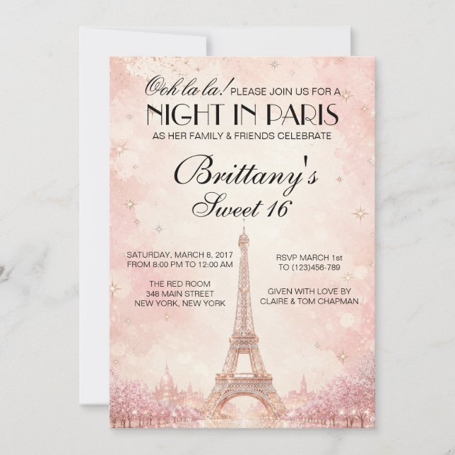 Noche en París Invitación personalizada para Sweet (Anverso)