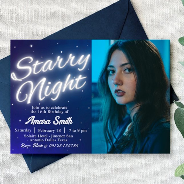Noche estrellada - Invitación bajo las estrellas (Starry Night - Stars Landscape Invitation with Photo)