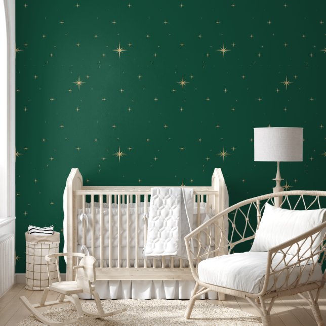 Noche estrellada - Papel pintado verde adhesivo (Niños)