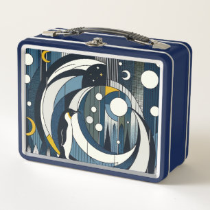 Noche geométrica azul marino con luna y pingüino