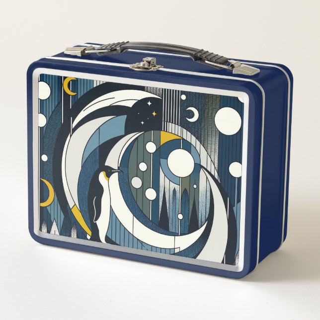 Noche geométrica azul marino con luna y pingüino (Anverso)