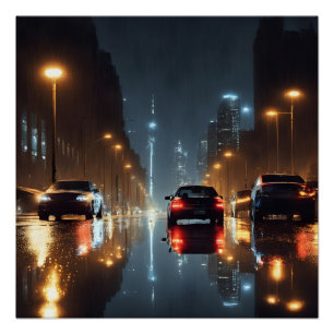Noche lluviosa. Póster de paisaje urbano