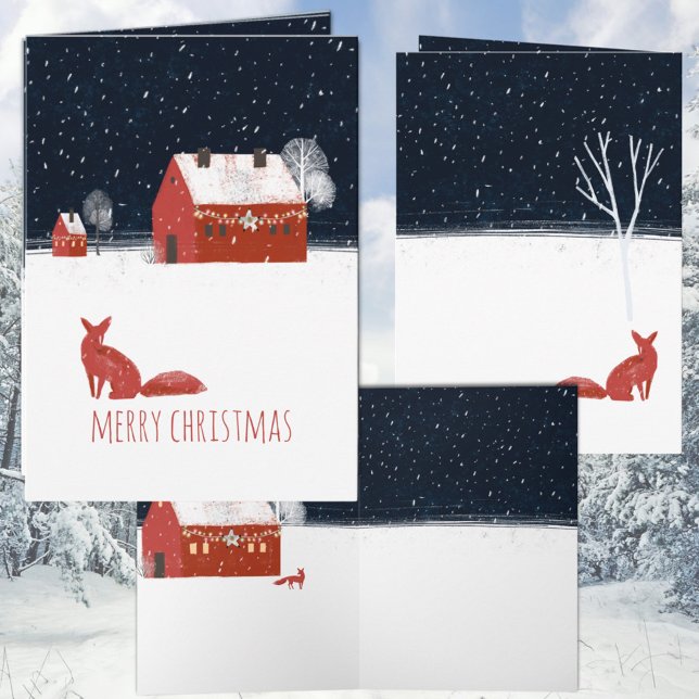 Noche Nórdica de Feliz Navidad Barn Rojo y Fox Roj (Nordic Merry Christmas Night Red Barn & Red Fox Holiday Christmas Wraparound Graphics Folded Card)