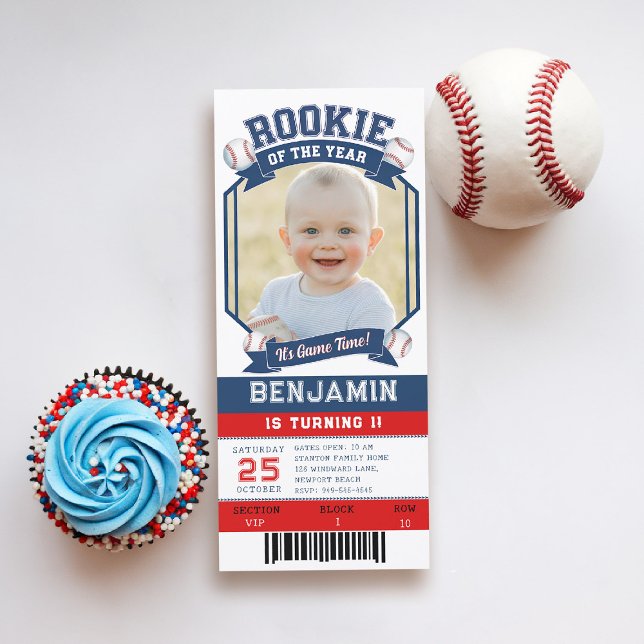 Noche Rookie de béisbol Ticket Red Blue Boy Primer (rookie of the year 1st birthday invite boy photo template red blue white milestone invitation)