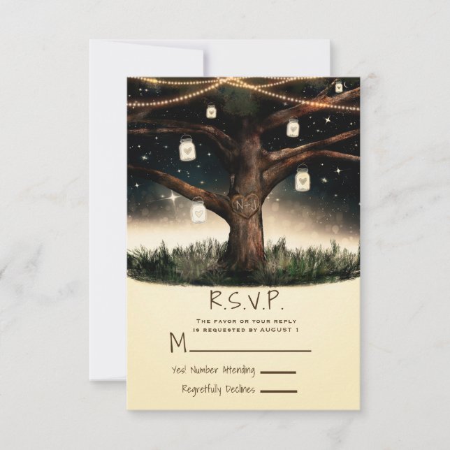 Noche Rústica Árbol con Luces y Tarros RSVP Boda (Anverso)
