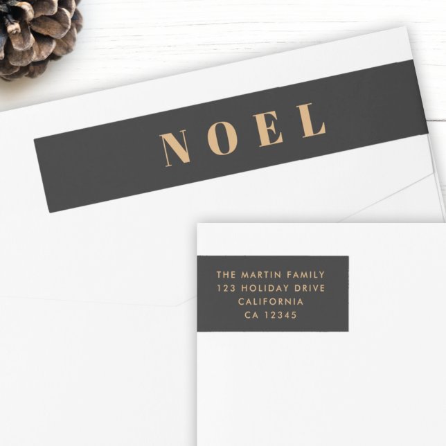 Noel Black and Gold | Dirección de devolución de N (Luxe gold and black Noel return address wrap labels by Guava for your modern holiday mail ✨)
