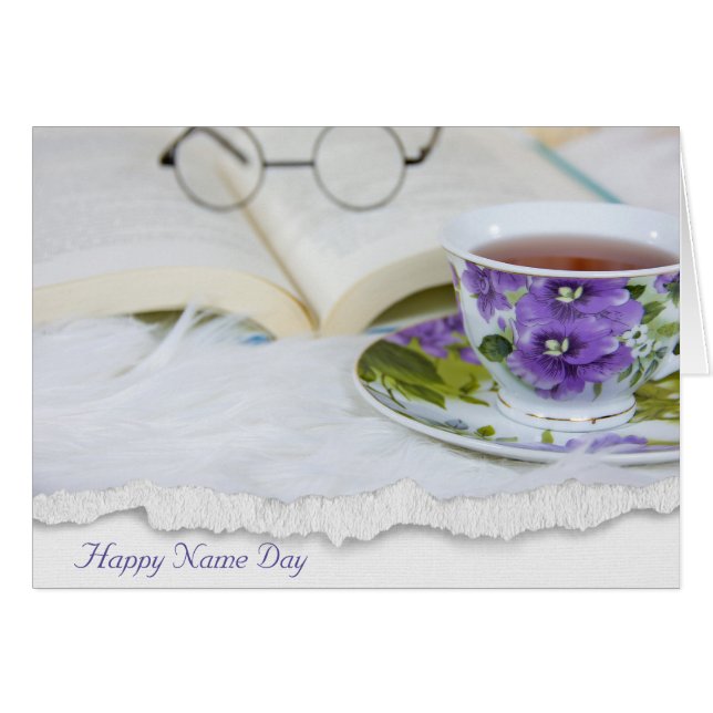 Nombrar día taza de té de pansy en piel (Anverso (Horizontal))