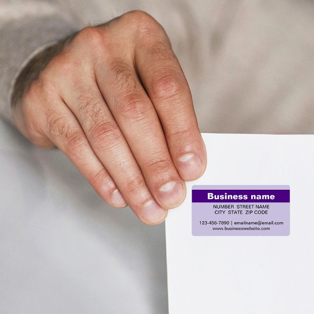 Nombre comercial resaltado en la etiqueta de direc (Purple address label with your highlighted business name)