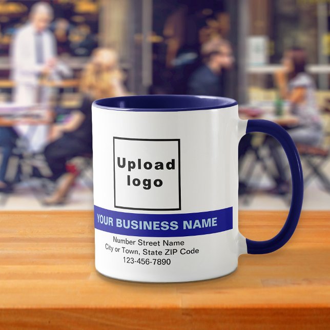 Nombre comercial resaltado en la taza combinada az (Your business name with highlight, logo, address and phone number on navy blue combo mug.)