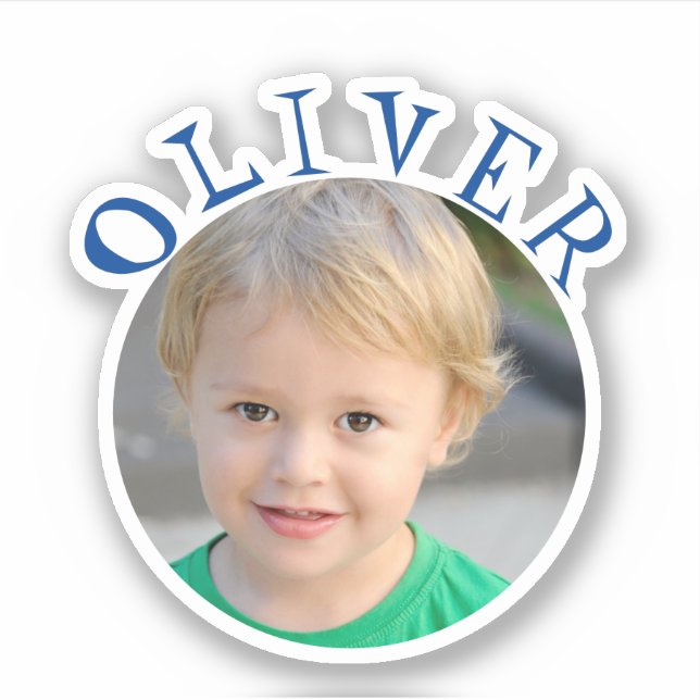 Nombre de marco redondo azul y pegatina para niños (Anverso)