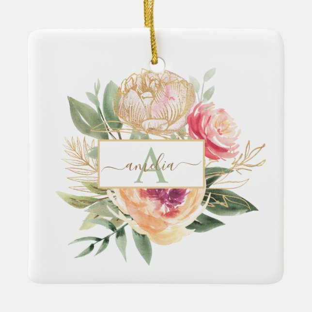Nombre de monograma de Bloom Peony Decoración cerá (Anverso)