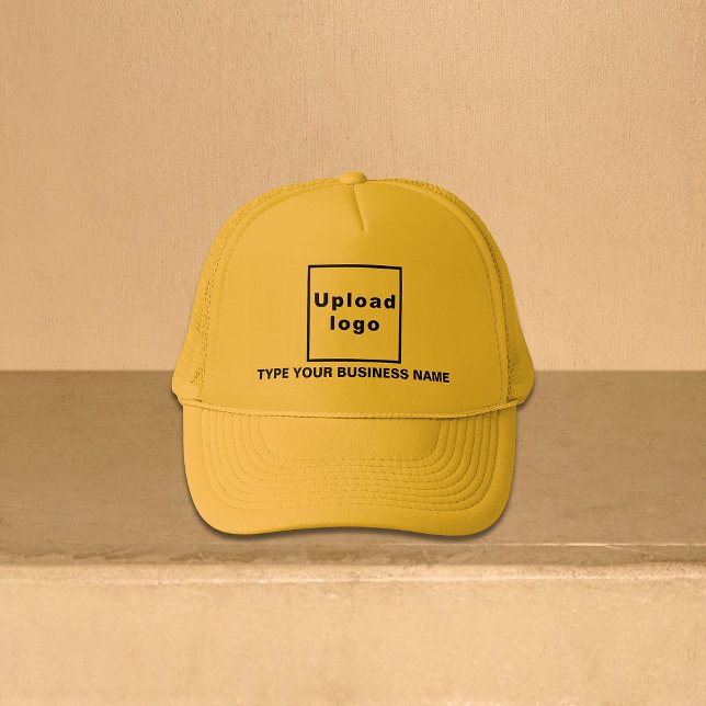Nombre de negocio y logotipo Sombrero de camión am (Your business name and logo on yellow trucker hat)