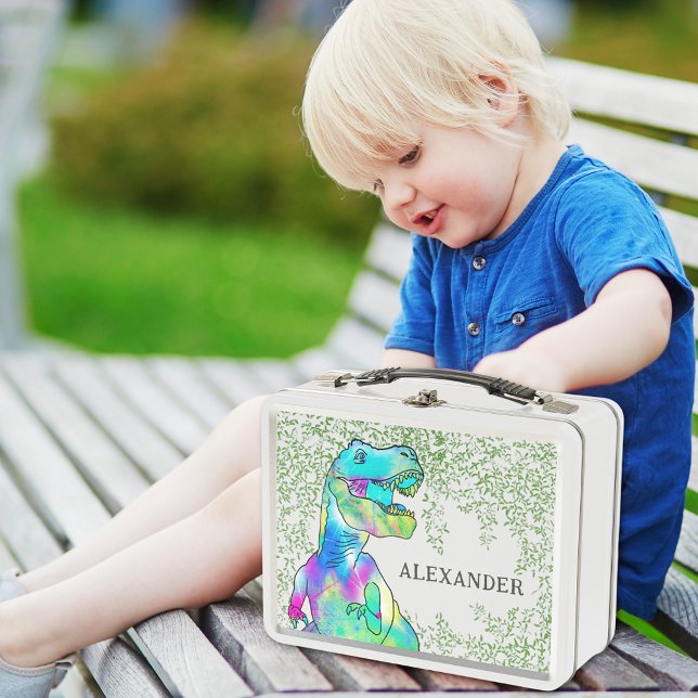 Nombre de niños dinosaurio T-Rex (Dinosaur custom name lunchbox with colorful T-Rex and Jurassic jungle foliage)