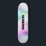 Nombre de skateboard personalizado Cute moderno<br><div class="desc">Personalice fácilmente este colorido Skateboard en el moderno diseño abstracto Holográfico Rainbow Pastel Gradient con estética Unicorn con un toque moderno y lindo de hada. Agregue su nombre,  elija el tipo de letra,  cambie el tamaño y la posición,  agregue el elemento gráfico,  las fotos y las formas.</div>