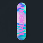 Nombre de skateboard personalizado Pink Girly Mode<br><div class="desc">Personalice fácilmente este colorido Skateboard en el diseño abstracto de la ola del pastel arcoiris del estilo moderno del estilo neocolonial rosado con un diseño de sans serif negro y fresco en la estética de Unicornio con un toque moderno y bonito de hada. Agregue su nombre, elija el tipo de...</div>